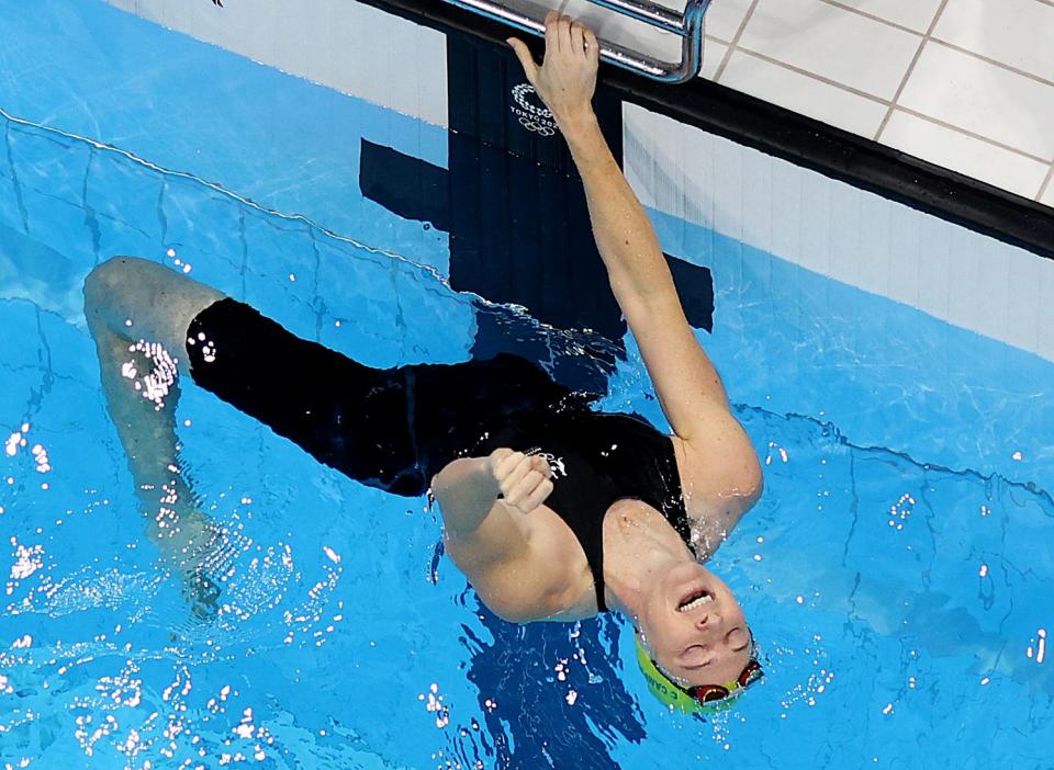 Australian swimmer Cate Campbell reacts after winning the 4x100m medley relay at the Tokyo Olympics.