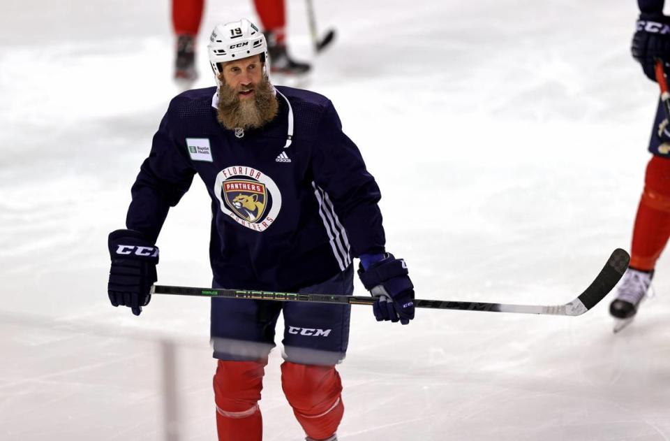 Florida Panthers center Joe Thornton (19) skates during training camp in preparation for the 2021-22 NHL season at the FLA Live Arena on Thursday, September 23, 2021 in Sunrise, Florida.