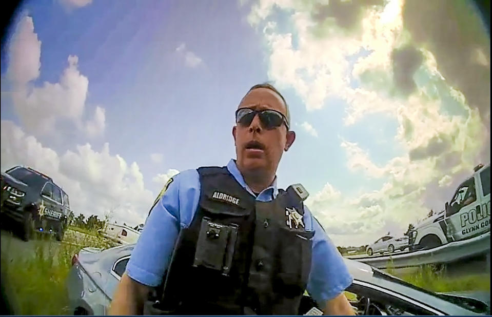 This still image from a deputy’s body camera video provided by the Camden County Sheriff's Office shows Staff Sgt. Buck Aldridge following a chase and arrest on June 24, 2022. Aldridge was placed on administrative pending an investigation after he fatally shot Leonard Cure on Oct. 16, 2023, in Camden County, Georgia. The deputy shot the Black man at point-blank range during a traffic stop after the man, who had been wrongfully imprisoned years ago, grabbed the officer by the neck and was forcing his head backward, according to video released by a sheriff. (Camden County Sheriff's Office via AP)