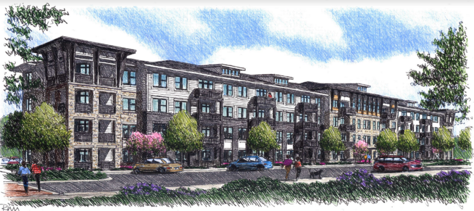 A developer is proposing to build nearly 300 apartments in north Charlotte’s Prosperity Village. Rendering courtesy Housing Studio, PA & Risden McElroy