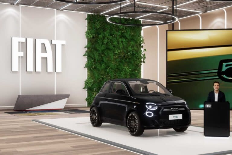 FIAT : Une concession 100 % dans le métavers en France ?-Une représentation visuelle du futur metaverse store FIAT, avec un vendeur réel vous présentant le véhicule (©Fiat/Stellantis)