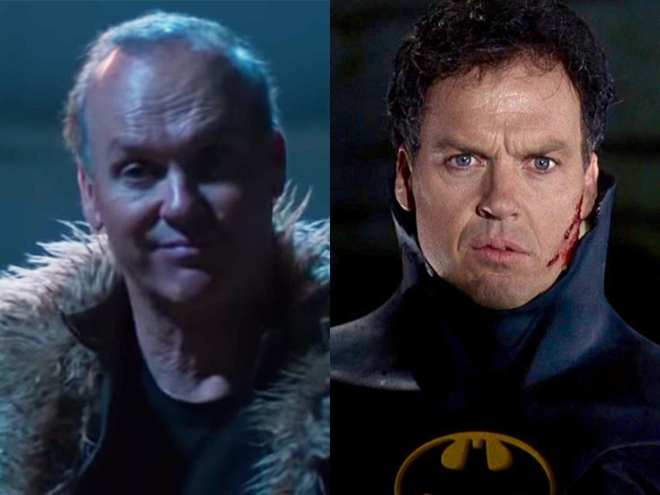 On the left: Michael Keaton as Adrian Toomes/Vulture in "Spider-Man: Homecoming." On the right: Keaton as	Bruce Wayne/Batman.