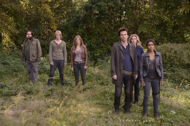 This publicity image released by NBC shows, from left, Zak Orth as Aaron, Graham Rogers as Danny Matheson, Tracy Spiridakos as Charlie Matheson, Billy Burke as Miles Matheson, Elizabeth Mitchell as Rachel Matheson, and Daniella Alonso as Nora from the series, "Revolution," returning March 25, 2013 on NBC. (AP Photo/NBC, Brownie Harris)