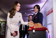 Britain's Catherine, Duchess of Cambridge greets Bob the cat as she arrives for the world premiere of "A Street Cat Named Bob" at The Curzon Mayfair in London, Britain November 3, 2016. REUTERS/Richard Pohle/Pool