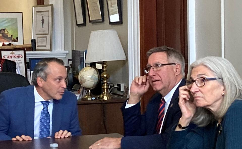 The heads of their respective Ways & Means committees; Rep. Aaron Michlewitz, D-Boston and Sen. Michael Rodrigues, D-Westport, with Sen. Cindy Friedman, D-Arlington, are three of the six legislators assigned Monday, April 1, to find common ground on proposals to funding to the state's emergency shelter system... and place a bill on the governor's desk for her signature.