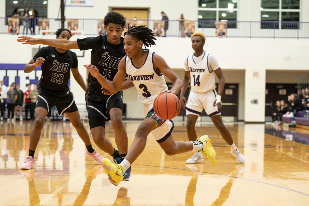 Lakeview sophomore LeBron Campbell dribbles during a game against Loy Norrix at Lakeview High School on Friday, Jan. 20, 2023.