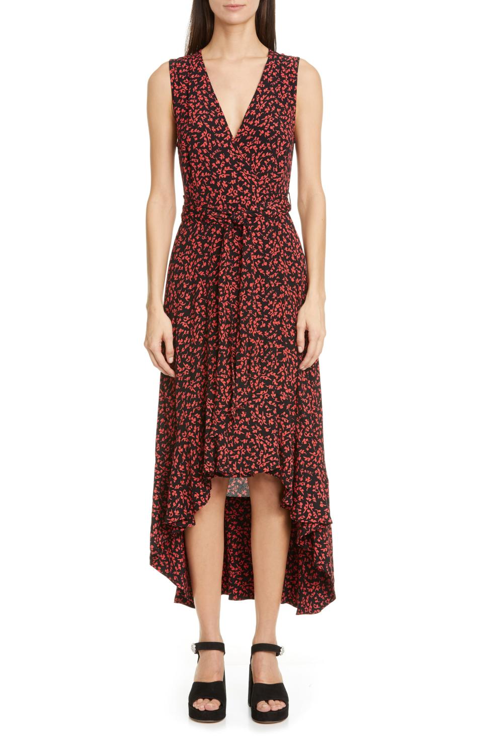 5) Floral Logo Print High/Low Wrap Dress