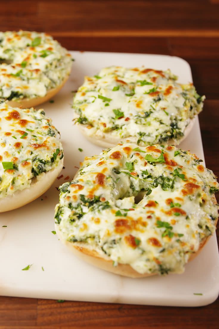 Cheesy Spinach Artichoke Bagels