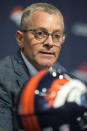 Denver Broncos chief executive officer Greg Penner responds to a question during a news conference about the firing of head coach Nathaniel Hackett Tuesday, Dec. 27, 2022, in Englewood, Colo. (AP Photo/David Zalubowski)