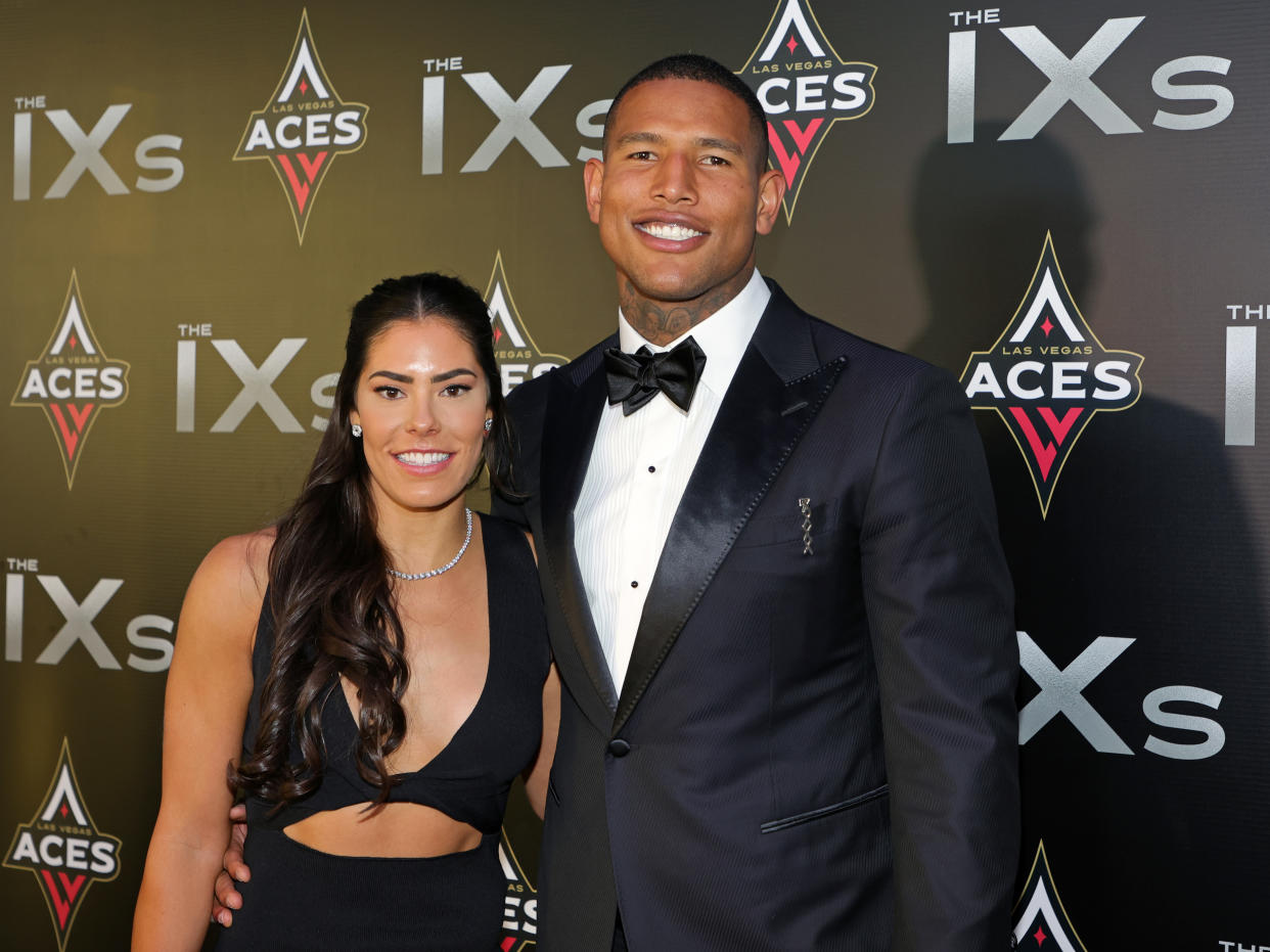 LAS VEGAS, NEVADA - JUNE 17: WNBA player Kelsey Plum (L) of the Las Vegas Aces and tight end Darren Waller of the Las Vegas Raiders attend the inaugural IX Awards at Allegiant Stadium on June 17, 2022 in Las Vegas, Nevada. The IXs, presented by the WNBA's Las Vegas Aces, celebrate the 50th anniversary of the passage of Title IX and recognize women and men who have fought for equality in sports and beyond. (Photo by Ethan Miller/Getty Images)