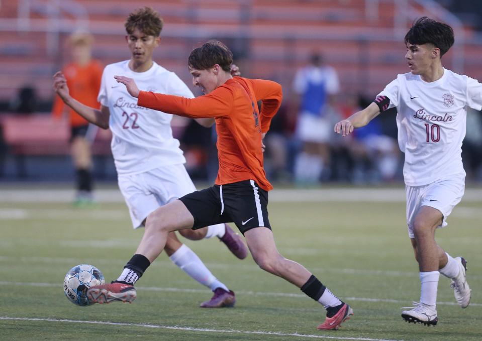 Ames midfielder Jordan Thoen, seen here during the Little Cyclone's 1-0 shootout win over Des Moines Lincoln April 8 at Ames, scored four goals and dished out one assist during the Little Cyclones' 10-0 victory over Fort Dodge Friday at Ames.