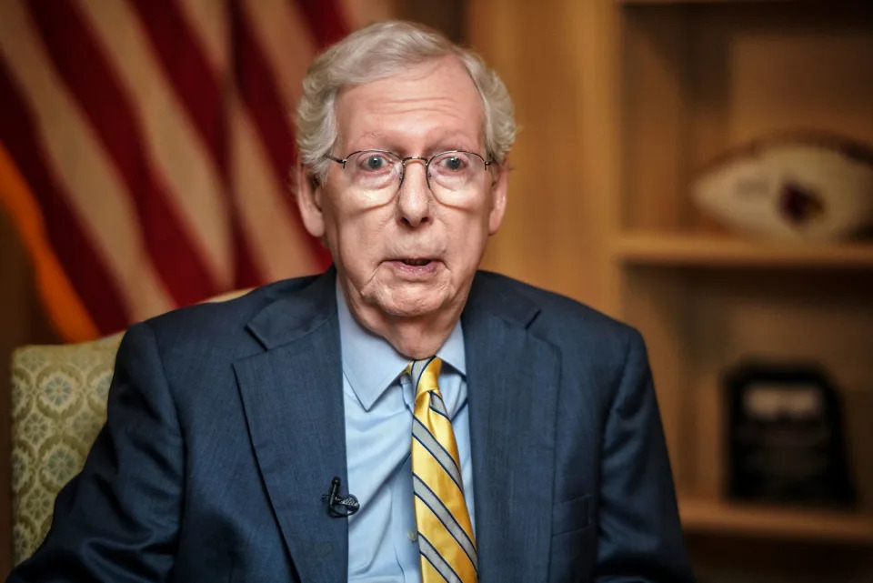 Kristen Welker, the moderator of Meet the Press, interviews Minority Leader Mitch McConnell on April 25, 2024 in the U.S. Capitol. (Frank Thorp V / NBC News)