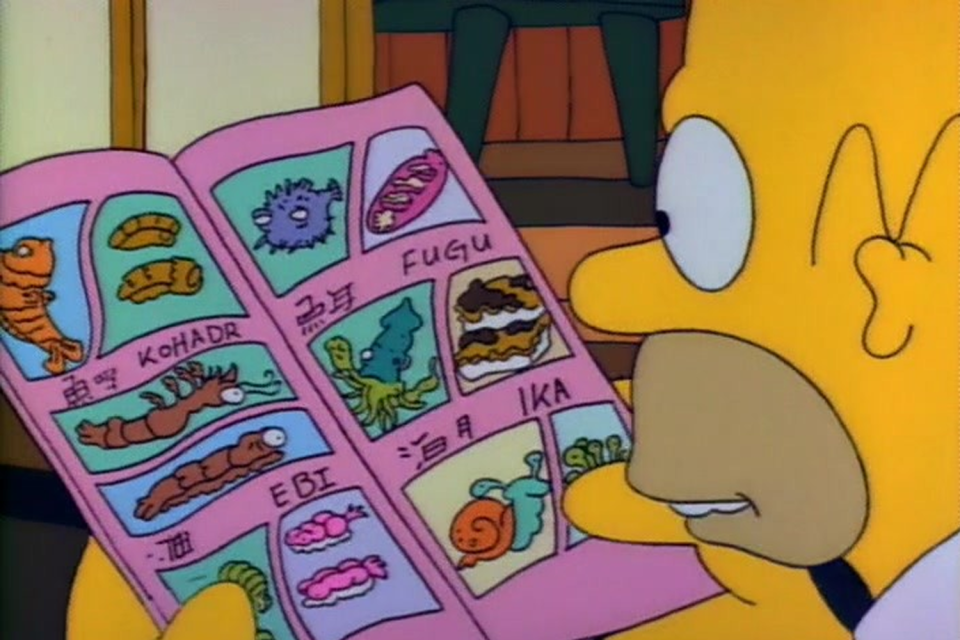 A still from The Simpsons showing Homer Simpson looking at a menu in a sushi restaurant, which includes fugu fish.