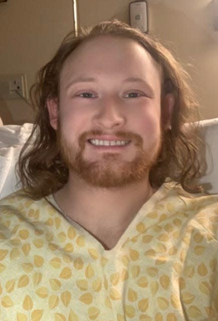 A photo of Matt Reum, a 27-year-old Mishawaka man who survived six days while trapped in his truck, recovering in Memorial Hospital in South Bend.