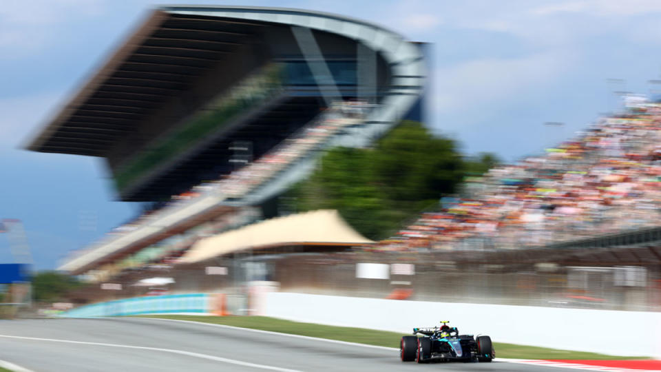 Lewis Hamilton on a practice lap at Circuit de Barcelona-Catalunya prior to Formula 1's 2024 Spanish Grand Prix.