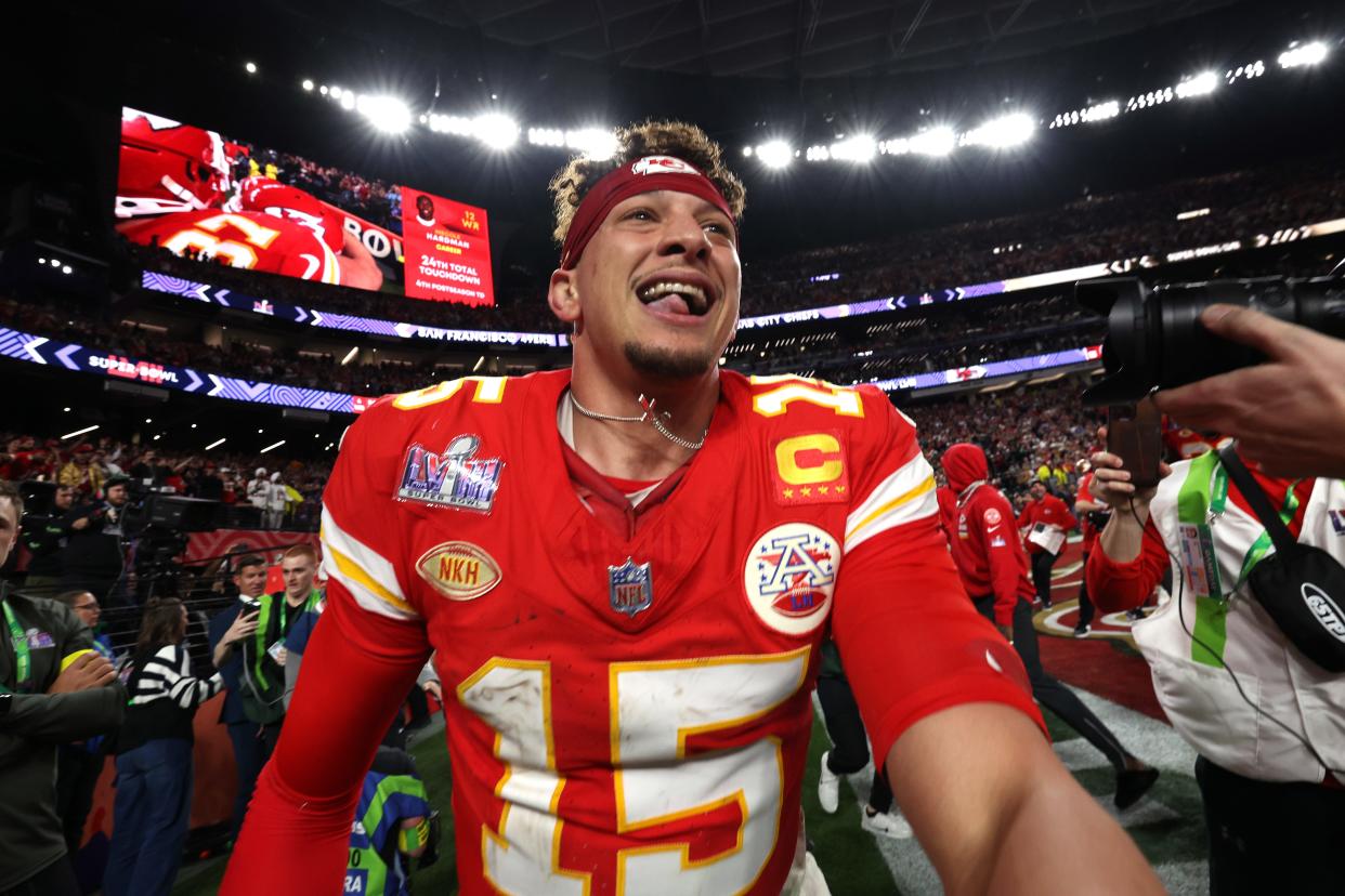 Patrick Mahomes #15 of the Kansas City Chiefs celebrates after defeating the San Francisco 49ers 25-22 \d during Super Bowl LVIII at Allegiant Stadium on February 11, 2024 in Las Vegas, Nevada.