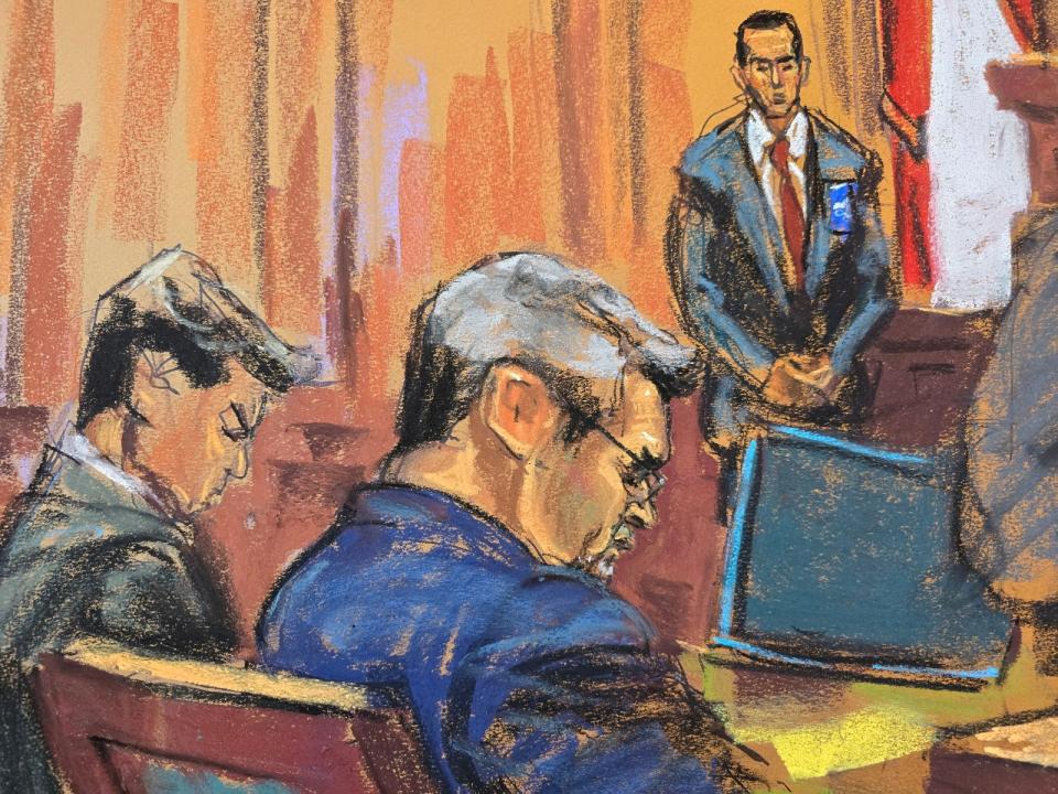 宏都拉斯前總統葉南德茲在美國被控共謀販毒等罪名，3月8日曼哈頓地方法院宣判罪名成立，圖為畫家繪製的法庭場面。路透社