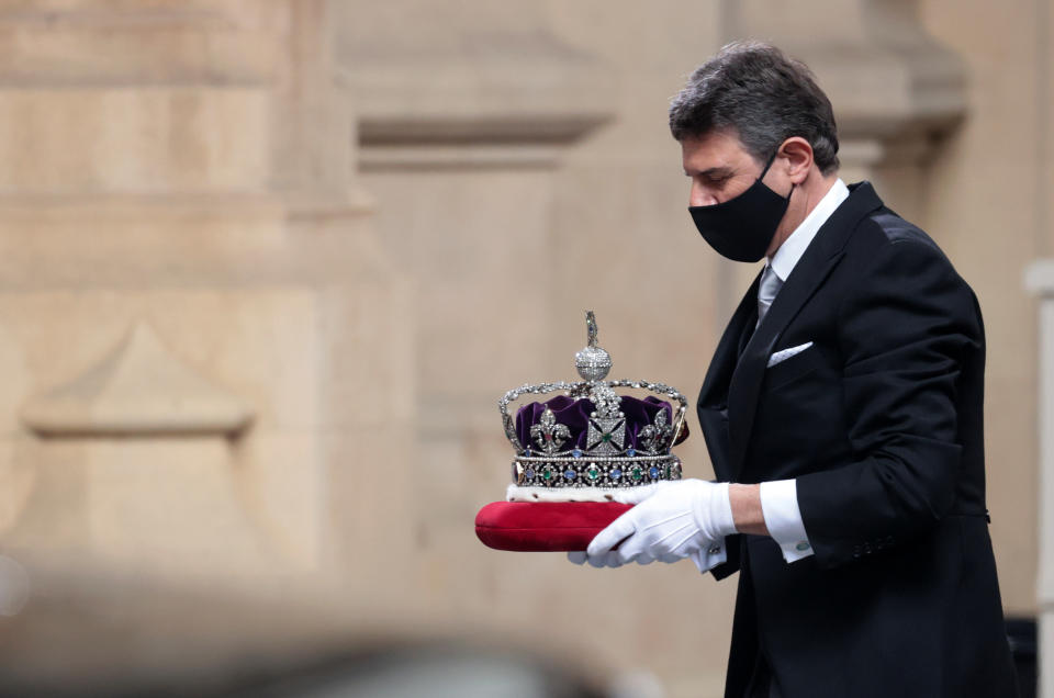 <p>The Imperial State Crown is taken to the Palace of Westminster in London for the State Opening. Picture date: Tuesday May 11, 2021.</p>
