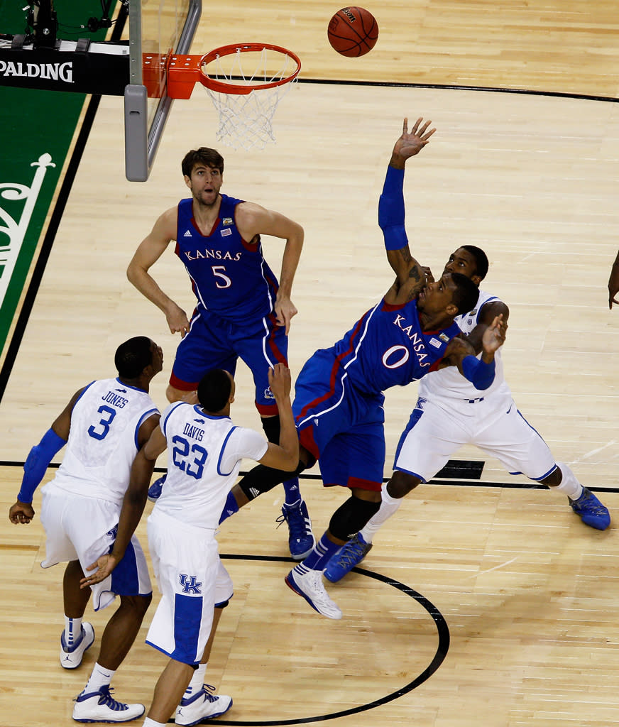 Thomas Robinson #0 of the Kansas Jayhawks puts up a shot againt the Kentucky Wildcats in the National Championship Game of the 2012 NCAA Division I Men's Basketball Tournament at the Mercedes-Benz Superdome on April 2, 2012 in New Orleans, Louisiana. (Photo by Chris Graythen/Getty Images)