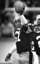 FILE - In this Dec. 7, 1986, file photo, Pittsburgh Steelers Donnie Shell holds up his 50th intercepted football pass in the third quarter of an NFL football game against the Detroit Lions in Pittsburgh. The hard-hitting cornerback won four Super Bowls during his 14 years in the NFL and next month will become the fifth — and most unlikely — member of the “Steel Curtain” defense to be enshrined in Canton. (Pittsburgh Post-Gazette via AP, File)