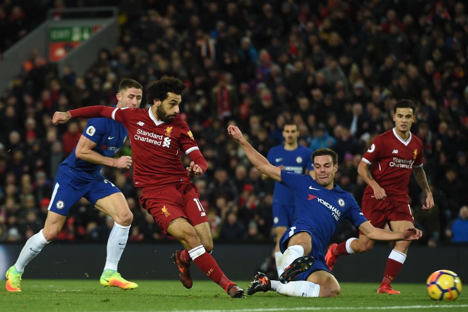 Mohamed Salah scores the only goal of Liverpool’s 1-0 win over Chelsea on Saturday. (Getty)