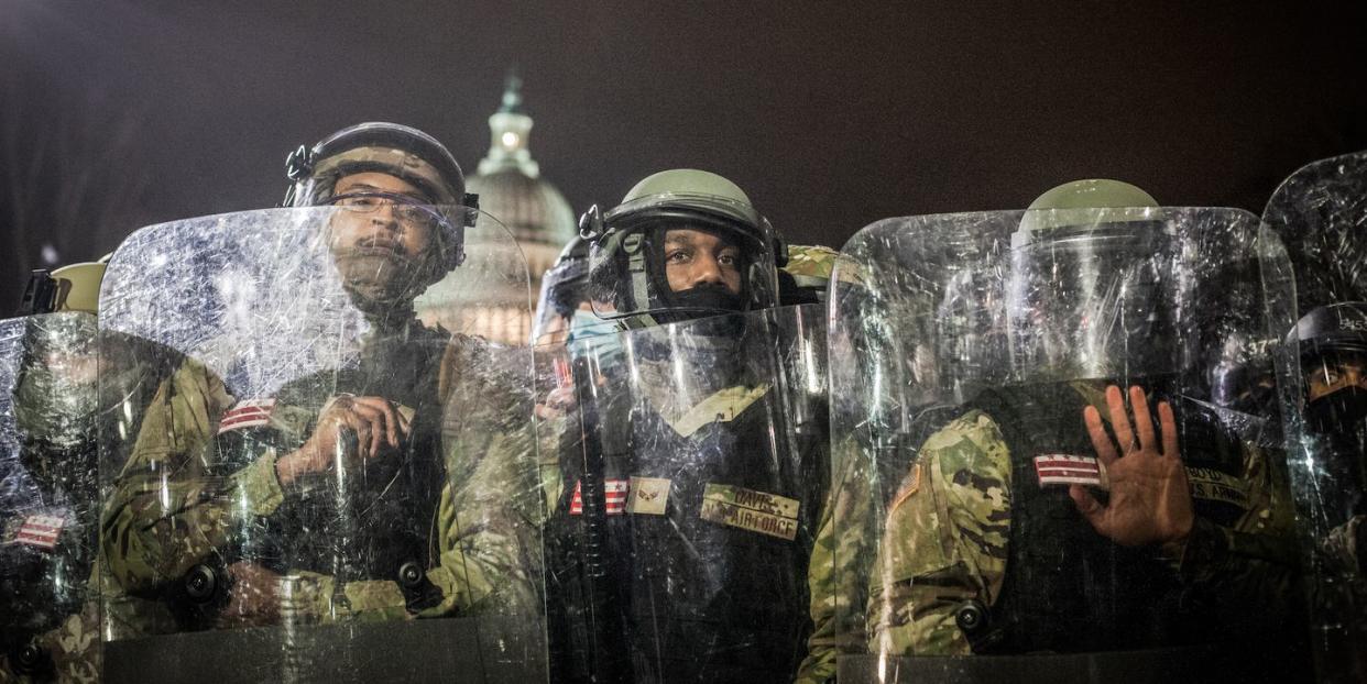 national guard near the us capitol on january 06, 2021 in washington, dc the protesters stormed the historic building, breaking windows and clashing with police trump supporters had gathered in the nation's capital today to protest the ratification of president elect joe biden's electoral college victory over president trump in the 2020 election photo by shay horsenurphoto via getty images