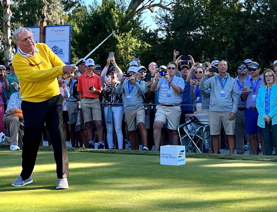 Jack Nicklaus hits a tee shot at the first hole of the Timuquana Country Club on Friday to start the first round of the Constellation Furyk & Friends PGA Tour Champions event.