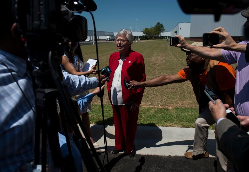Gov. Kay Ivey speaks to the media following the new engine plant grand opening at the Hyundai plant in Montgomery, Ala., on Wednesday, May 15, 2019.