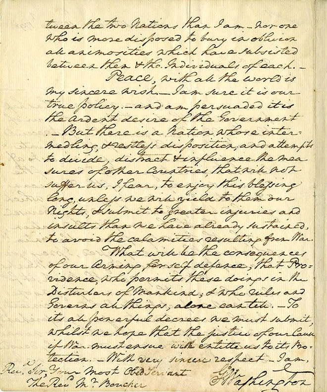 This undated photo provided by Profiles in History shows the final page of page of a letter hand written by George Washington. The letter will be offered at auction by Profiles in History on Dec. 18, 2012. (AP Photo/Profiles in History)