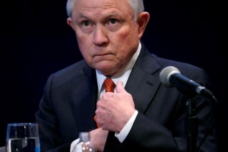 U.S. Attorney General Jeff Sessions waits to speak at the Federalist Society's 2017 National Lawyers Convention in Washington, U.S., November 17, 2017. REUTERS/Joshua Roberts