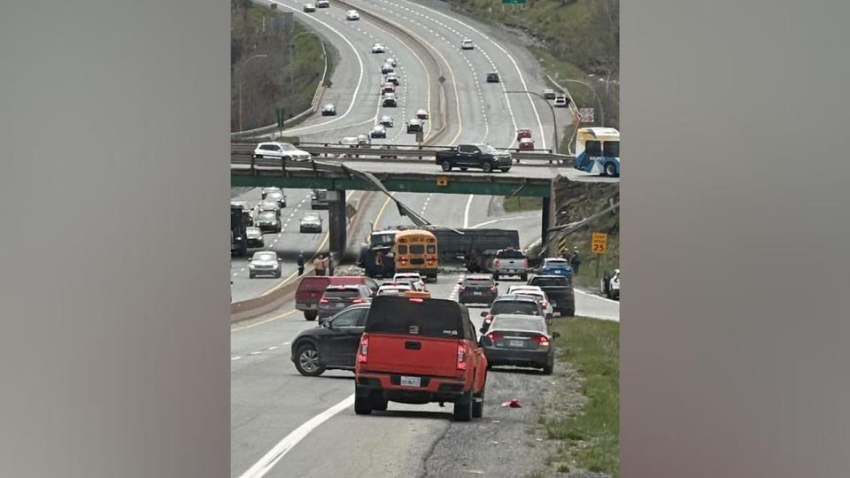 A photo from the Bedford Talk Facebook group showing where the tractor trailer fell from the overpass on to Highway 102 on Thursday, May 16. Nova Scotia RCMP say there were no reports of injuries.