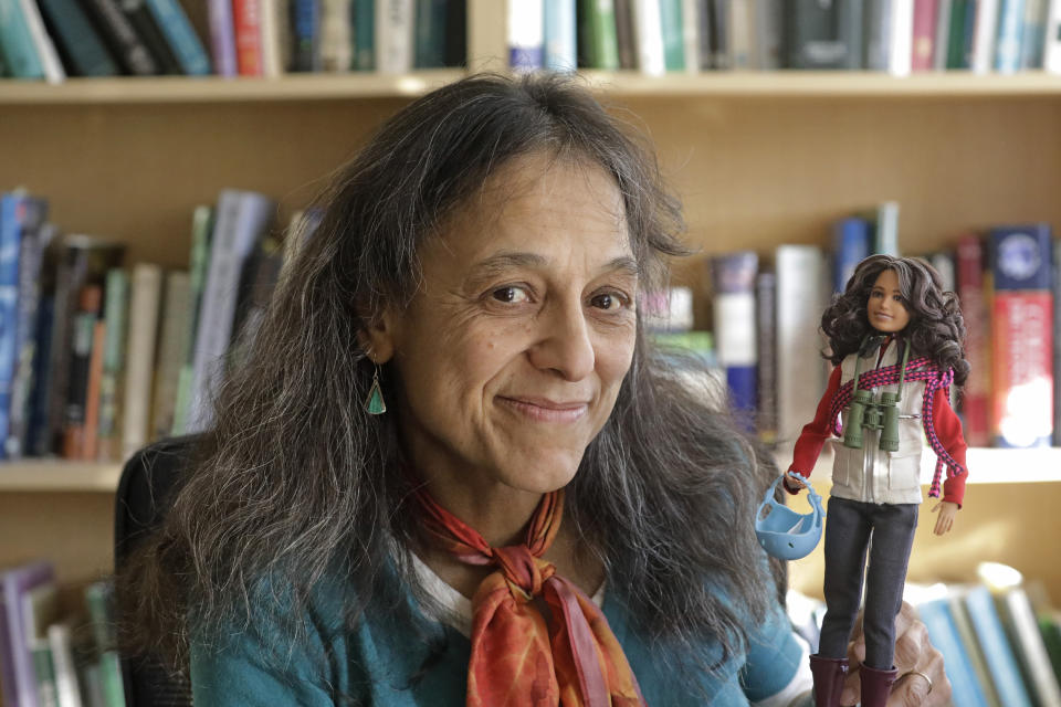 This Dec. 3, 2019, photo, ecologist Nalini Nadkarni is shown in her lab on the University of Utah campus in Salt Lake City holding a Barbie created to look like her when she's climbing into the treetops to study the rainforest canopy. Nadkarni's childhood climbing trees shaped her career and now she's hoping she can get help kids interested in science in an new way: Barbies. Nadkarni has long created her own "treetop Barbies" and has now helped Mattel and National Geographic create a line of dolls with careers in science and conservation. (AP Photo/Rick Bowmer)