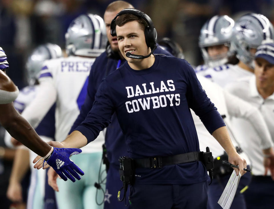 ARLINGTON, TEXAS - NOVEMBER 28:  Offensive coordinator Kellen Moore of the Dallas Cowboys at AT&T Stadium on November 28, 2019 in Arlington, Texas. (Photo by Ronald Martinez/Getty Images)