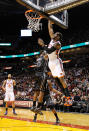 MIAMI, FL - FEBRUARY 23: Amare Stoudemire #1 of the New York Knicks dunks over LeBron James #6 of the Miami Heat during a game at American Airlines Arena on February 23, 2012 in Miami, Florida. NOTE TO USER: User expressly acknowledges and agrees that, by downloading and/or using this Photograph, User is consenting to the terms and conditions of the Getty Images License Agreement. (Photo by Mike Ehrmann/Getty Images)