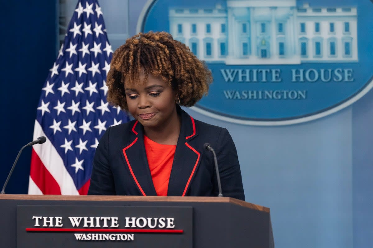 Press Secretary Karine Jean-Pierre briefed reporters moments after a man set himself on fire outside the Trump trial courthouse  (EPA)