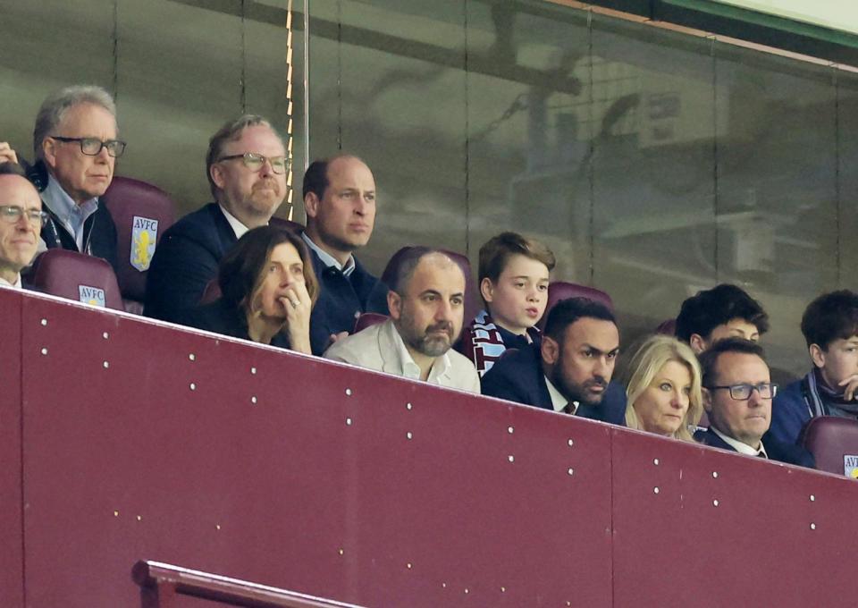 PHOTO: Prince William and Prince George watch from the stands during the UEFA Europa Conference League 2023/24 Quarter-final first leg match between Aston Villa and Lille OSC at Villa Park on April 11, 2024 in Birmingham, England. (Catherine Ivill - Ama/Getty Images)