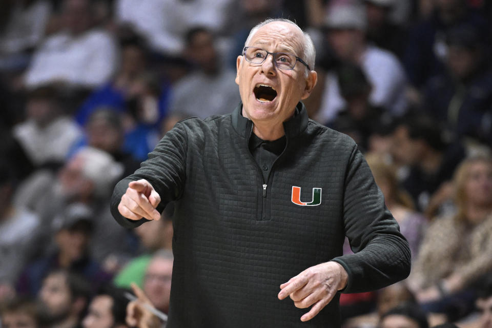 Miami head coach Jim Larrañaga reacts in the second half of an NCAA college basketball game against Providence, Saturday, Nov. 19, 2022, in Uncasville, Conn. (AP Photo/Jessica Hill)