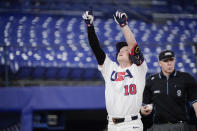 United States' Nick Allen reacts after hitting a home run in the fifth inning of a baseball game against South Korea at the 2020 Summer Olympics, Saturday, July 31, 2021, in Yokohama, Japan. (AP Photo/Sue Ogrocki)