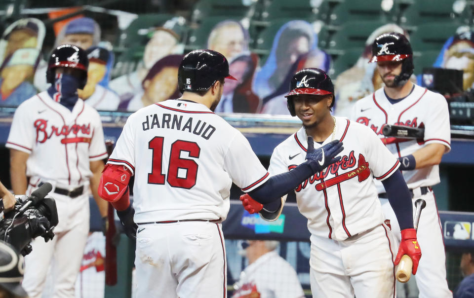 Travis d'Arnaud hit one of two Braves homers to take a 2-0 series lead over the Marlins. (Photo by Bob Levey/Getty Images)