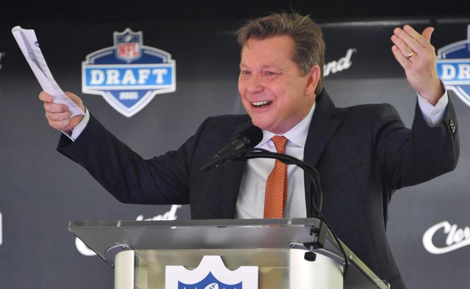 May 23, 2019; Cleveland, OH, USA; Voice of the Cleveland Browns Jim Donovan speaks during a press conference in Public Square to announce Cleveland as the host of the 2021 NFL draft. Mandatory Credit: Ken Blaze-USA TODAY Sports