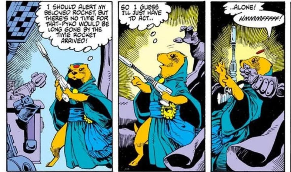 Rocket Raccoon's lady love Lylla, holding a blaster in a scene from Marvel Comics