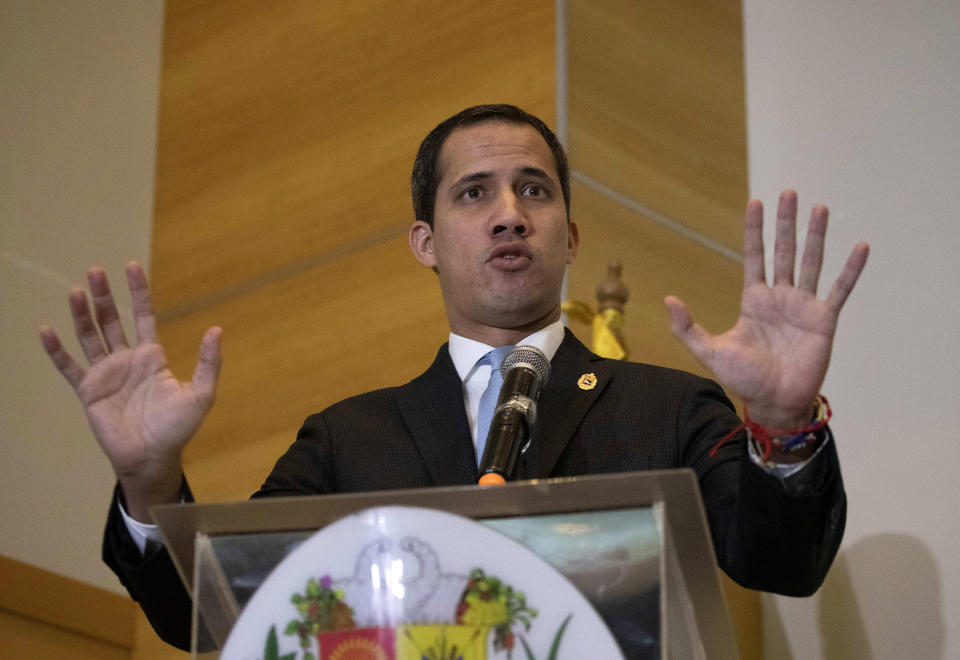 Self-proclaimed interim president of Venezuela and opposition leader Juan Guaido speaks during a press conference in Caracas, Venezuela, Saturday, Feb. 15, 2020. Guaido returned this week from an international tour seeking support to oust President Nicolas Maduro, violating a travel ban. (AP Photo/Ariana Cubillos)