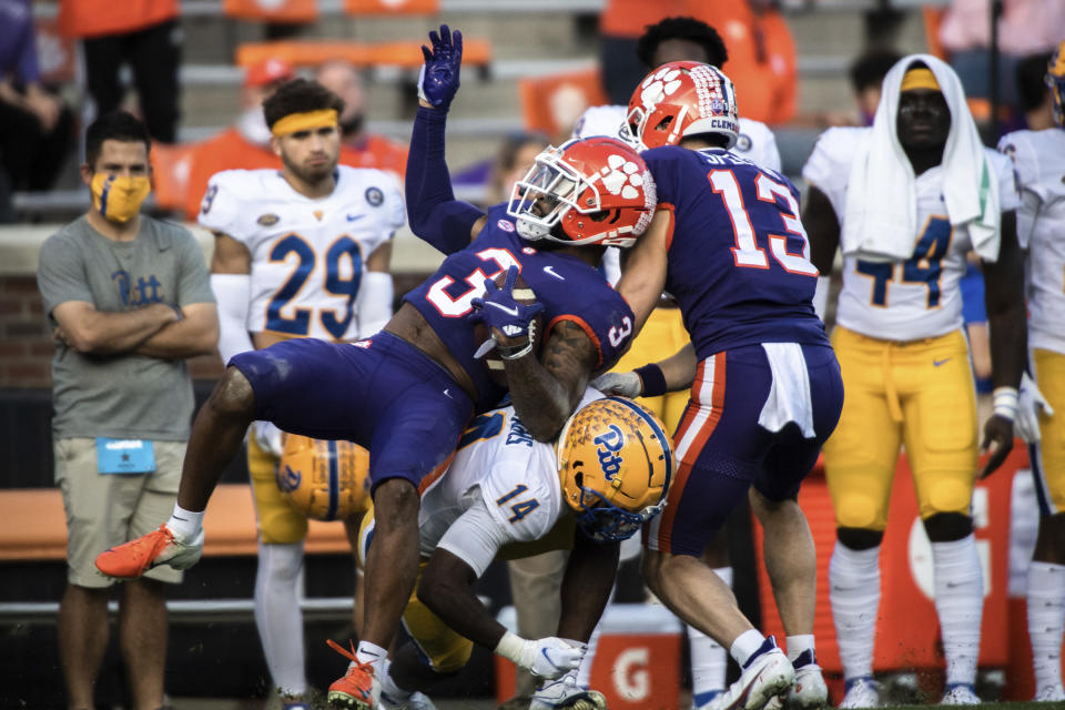 Clemson wide receiver Amari Rodgers (3) is tackled for a first down during the first half of an NCAA college football game against Pittsburgh Saturday, Nov. 28, 2020, in Clemson, S.C. (Ken Ruinard/The Independent-Mail via AP, Pool)