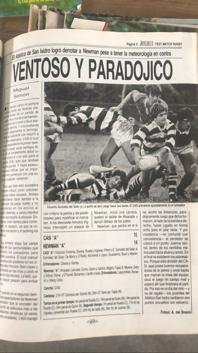 Crónica de rugby en la revista Test Match, uno de sus primeros trabajos; en el periodismo Simón comenzó en la gráfica.