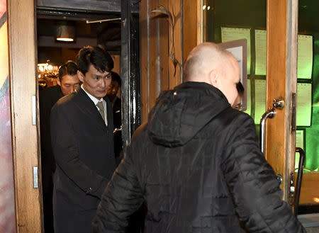 Members of the North Korean delegation leave the restaurant Saaga in Helsinki, Finland March 19, 2018. Lehtikuva/Jussi Nukari via REUTERS