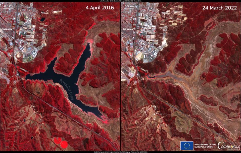 Lake Penuelas, Chile pictured in 2016 (left) and 2022, right (Copernicus/Sentinel 2)