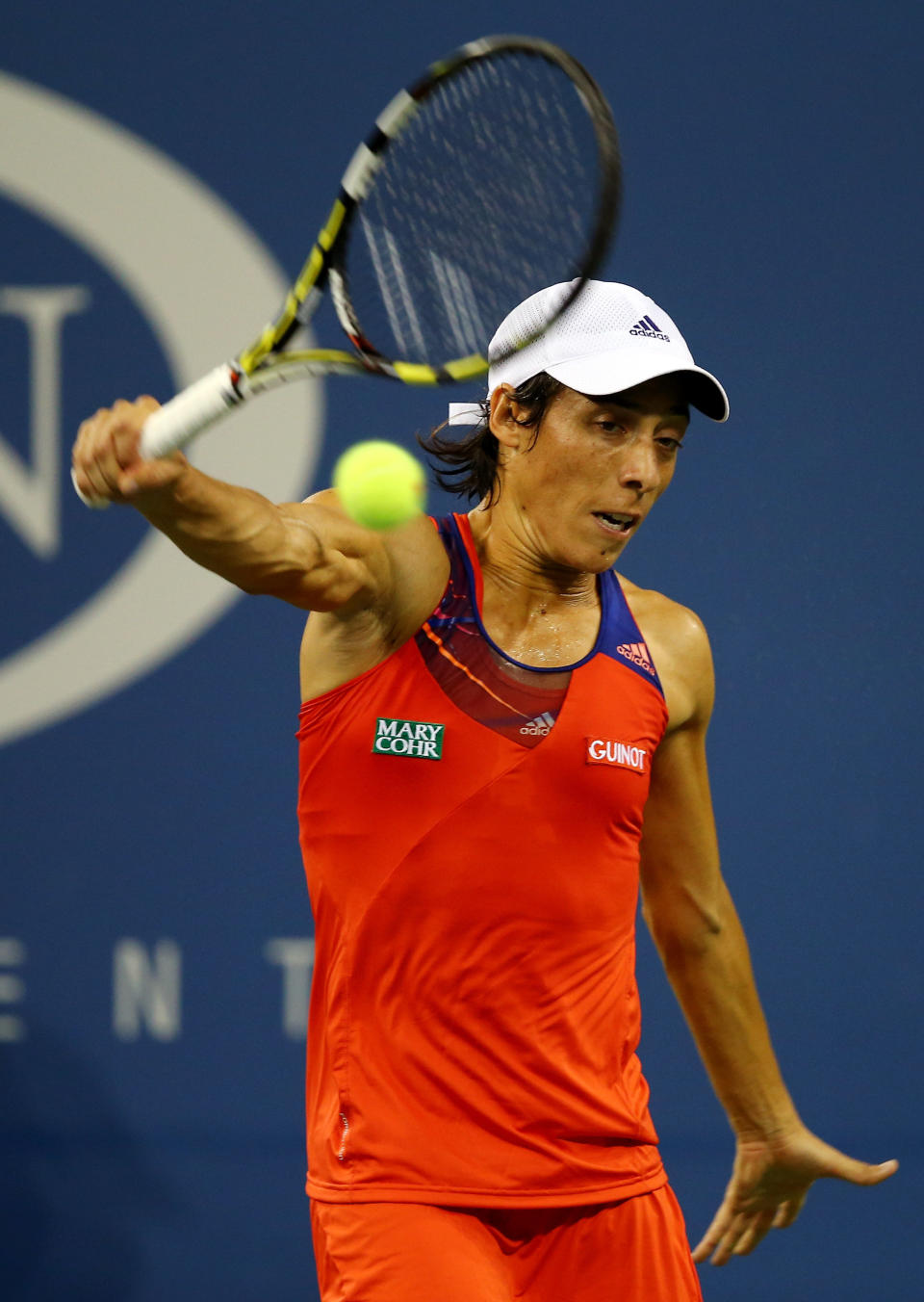 NEW YORK, NY - AUGUST 26:  Francesca Schiavone of Italy plays a backhand against Serena Williams of the United States of America during their women's singles first round match on Day One of the 2013 US Open at USTA Billie Jean King National Tennis Center on August 26, 2013 in the Flushing neighborhood of the Queens borough of New York City.  (Photo by Elsa/Getty Images)