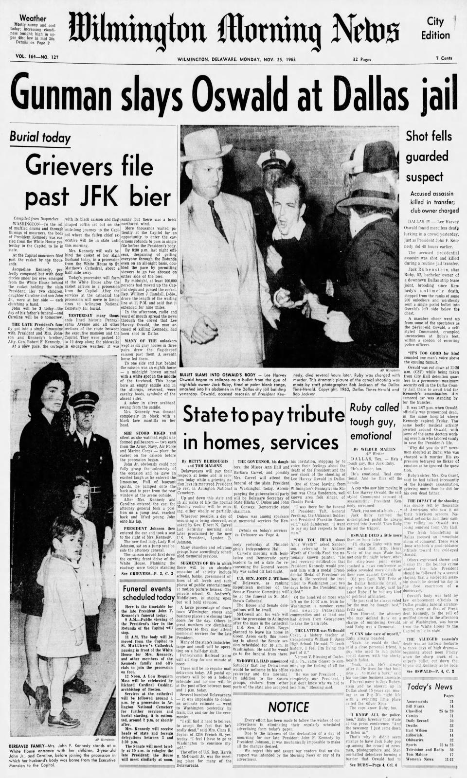 Front page of the Wilmington Morning News from Nov. 25, 1963.