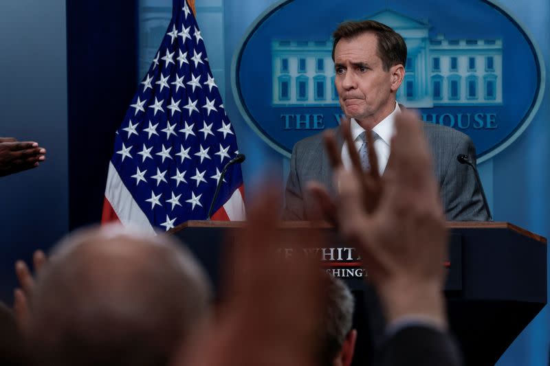 John Kirby speaks at a press briefing at the White House in Washington