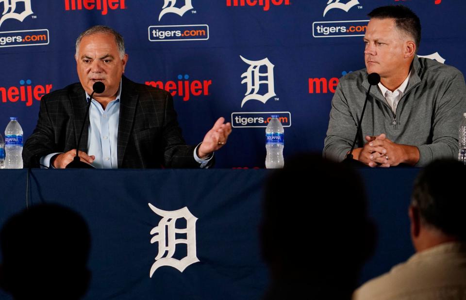 Detroit Tigers general manager Al Avila, left, speaks as he and manager AJ Hinch participate in a news conference Tuesday, Oct. 5, 2021, at Comerica Park in Detroit.